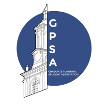 Half section of hayes hall tower olaid over a blue circle with the letters G P S A and graduate planning student association. 