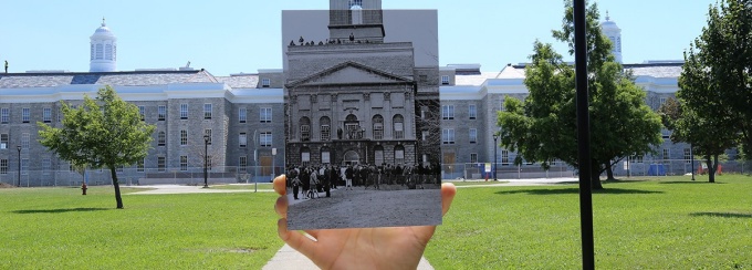 Hayes Hall during the 1968 student riot take over superimposed over current Hayes Hall. 