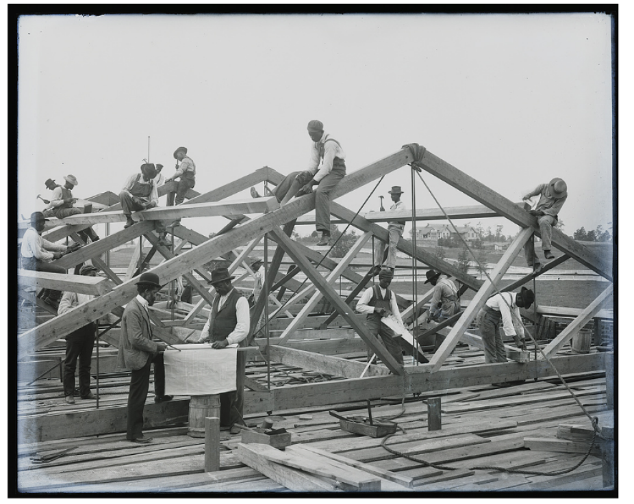 Johnston, F. B., photographer. (ca. 1902) Roof construction by students at Tuskegee Institute. Alabama Tuskegee, ca. 1902. [Photograph] Retrieved from the Library of Congress, https://www.loc.gov/item/2014646489/. 
