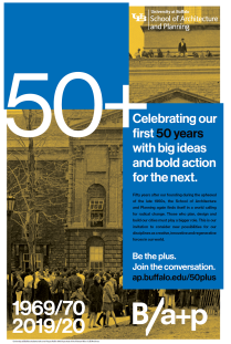 Image of a poster showing students from UB atop Hayes Hall in protest of the Vietnam War in 1969, with the text "50+" overlaying as a graphic representation of the school's forward-looking approach today. 