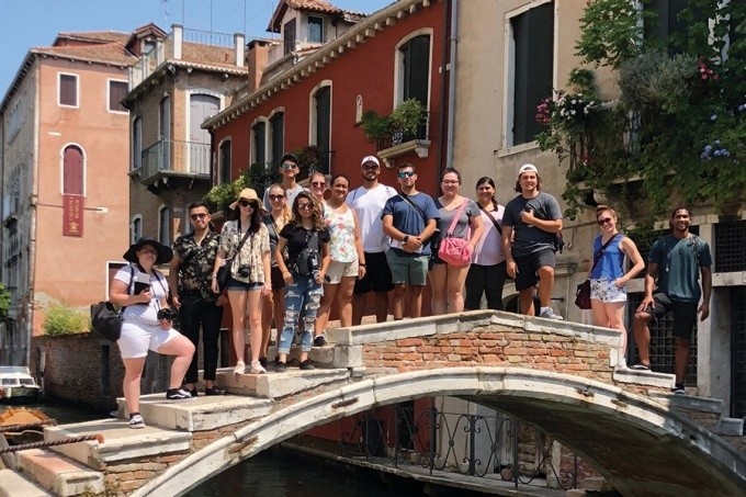 The UB study abroad group on one of the oldest bridges in Venice. Photo: Gregory Delaney. 