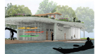 Rendering of pavilion community space with rooftop garden and kayak boat rack