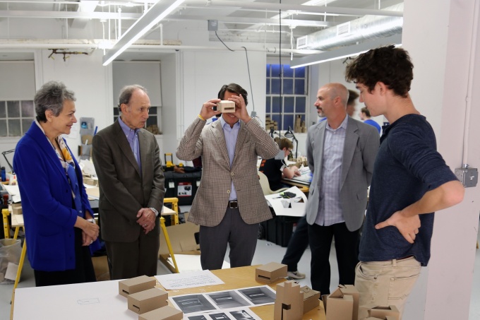 The Dean's Council, a leadership group of ambassadors and friends of the School of Architecture and Planning, is fully engaged in the intellectual life of our School. Here, members of the Council - Diane Georgopulos, Richard Perlmutter and Franklin Dickinson, with Korydon Smith, UB professor and chair of architecture, visit our studios in Crosby Hall. 