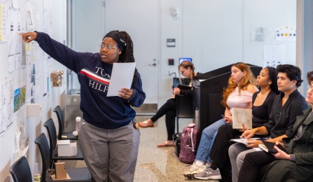 Students make presentation in an architecture class led by Jin Young Song in Crosby Hall in September 2024. Lydie Rock T Numa presents. Photographer: Douglas Levere. 