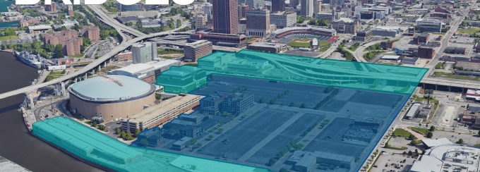 Aerial photo of downtown Buffalo near the hockey arena. 