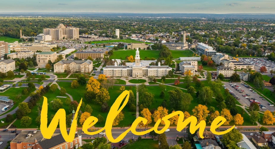 Aerial image of Hayes Hall and South Campus of UB with the word Welcome written over in yellow. 