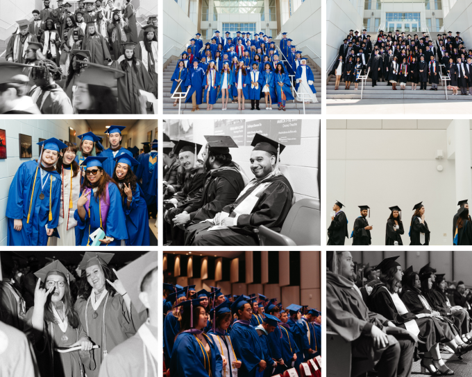 Grid of commencement photos showing graduates in blue gowns and academic regalia posing on a staircase, with both color and black-and-white images. 