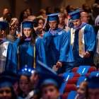 Graduates in the Architecture program walked down the aisle during the start of the ceremony that took place on May 19, 2023 in the CFA Mainstage Theater Photographer: Dylan Buyskes. 