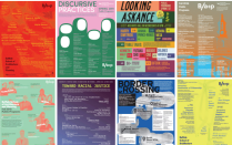 Collage of presvious public program posters. Poster display various color palletes and some read theme topic titles. 