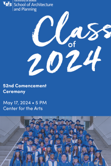 The text on the poster reads: "University at Buffalo School of Architecture and Planning" "Class of 2024" "52nd Commencement Ceremony" "May 17, 2024 • 5 PM" "Center for the Arts" The poster features a photograph of a large group of graduates wearing blue caps and gowns, standing on steps outside a building. 