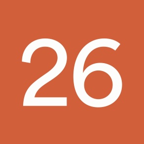 White 26 on orange background. 