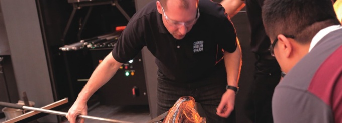 Zoom image: CMoG’s master glassworkers use a range of hot glass techniques to create full-scale prototypes of the students’ designs. Photo by Georg Rafailidis 