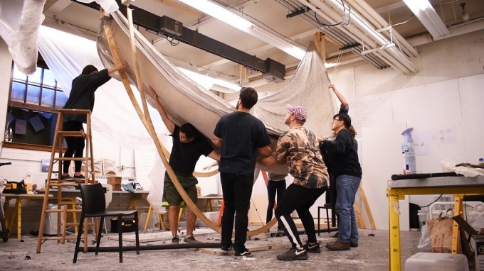 Graduate architecture students in the material culture studio "Pulp" experiment with a thin-shell catenary using only fabric, cellulose insulation and flour. The project is part of ARC 605, "Pulp," directed by Georg Rafailidis and Stephanie Davidson, which explores the structural potential of paper casting as an investigation in temporality and biodegradabiilty in architecture. 