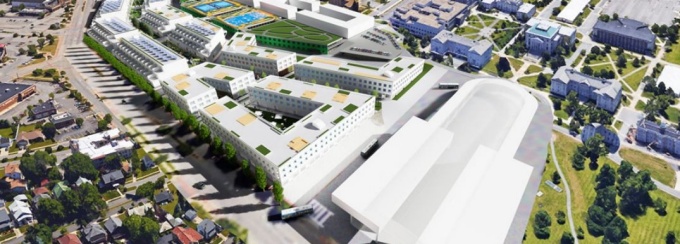Corridor design concept image aerial view of UB's South Campus. 