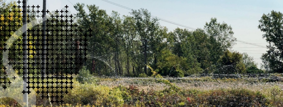 An image of greenery amidst a post-industrial landscape, with lines, mapping data and directionals overlaid. 