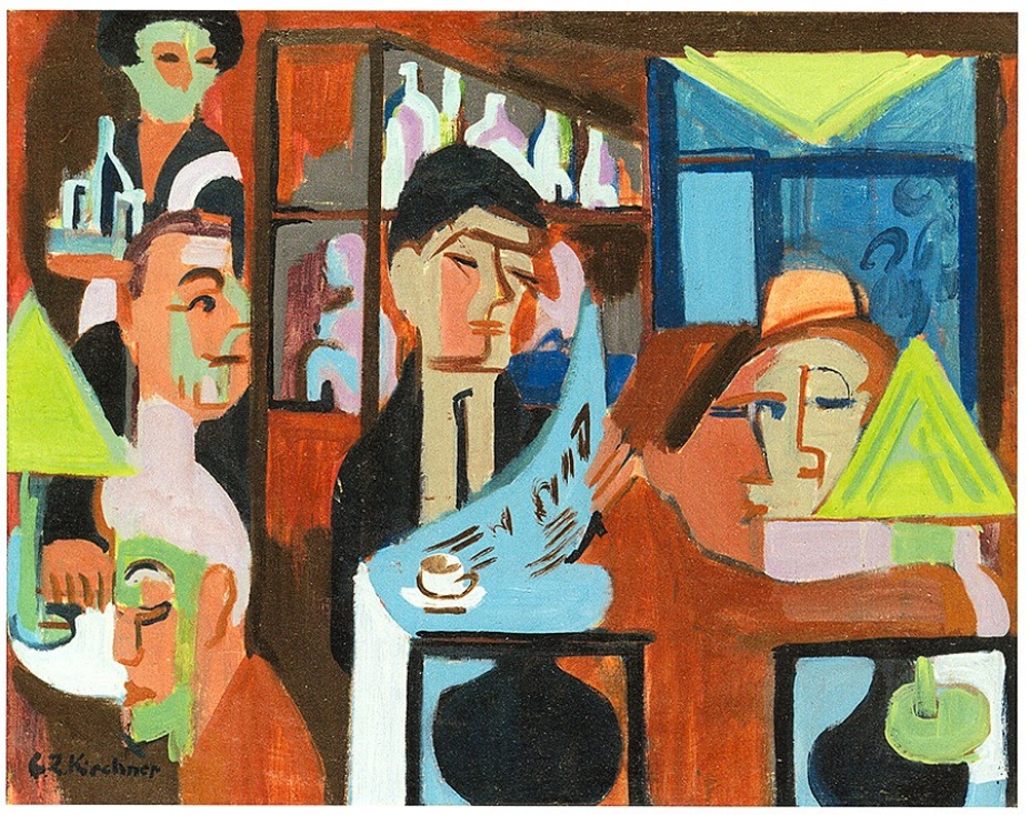 Coffee shops are crowded, chaotic — and full of inspiration. Cafe in Davos - Oil on canvas - 72 x 92 cm - Museumslandschaft Hessen, Kassel, 1928 by Ernst Ludwig Kirchner. 