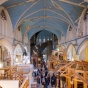The interior of the Assembly House, including gothic-inspired cathedral ceiling and wooden structures below. 