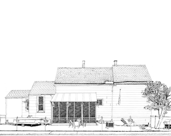 line drawn house with 4 roofs stepping down like stairs.