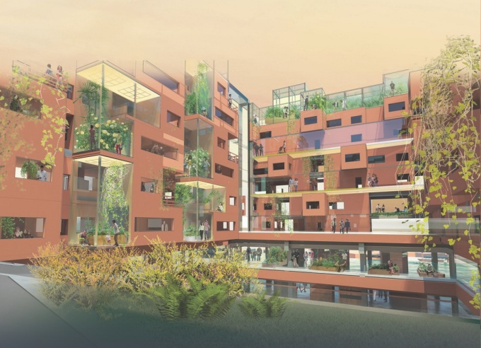 multidimensional courtyard surrounded by tall buildings with trees in the middle.