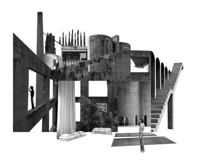 Collage of derelict industrial building parts, with trees, and interspersed with luxurious furnishings. 