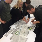 Students explore route options for the Northeast Greenway rails-to-trails studio project with their instructor, Ellen Parker (center). 