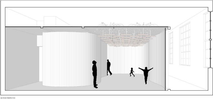Section cut through room. Rainsticks hang from the ceiling, and people dance in the space below.