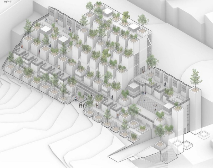 Axonometric of model with vegetation. 