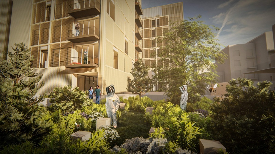 Apiaries on the exterior of the building to support the gardens within the towers in UE6. 